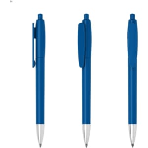 A blue plastic pen with a silver tip and a clip, presented in three different angles. It features a logo.