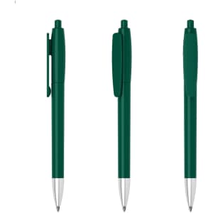 A green plastic pen with a silver tip, featuring a clip and a push mechanism. The pen is shown from three angles.