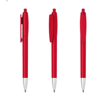 A set of red plastic pens with silver accents and a clip; featuring three different angles.