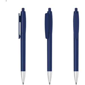 A navy plastic pen with a clip and a silver nib, displayed from three angles. The pen has branding on it.