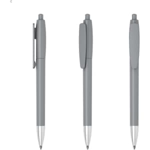 A grey plastic pen with a click mechanism and a silver tip, featuring a clip and smooth barrel design.