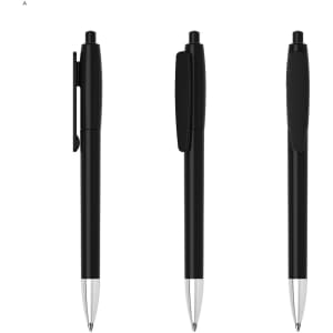 A black plastic pen with a clip and a silver tip, featuring a logo on the barrel, shown from three angles.
