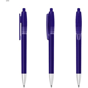 A transparent purple plastic pen with a silver tip and a visible clip. Features branding on the barrel.