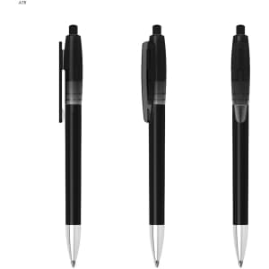 A black plastic pen with a transparent grip, featuring a clip and a silver tip. The pen is shown from three angles.