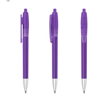 A purple plastic pen with a transparent body and a silver clip, featuring a simple, sleek design and a logo.