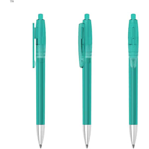 A set of three transparent turquoise plastic pens with silver tips and a clip. Contains branding on the pen body.