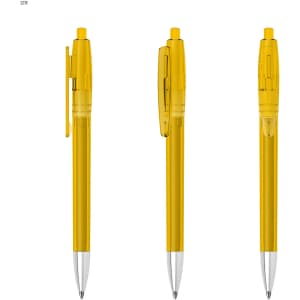 Yellow plastic pens with transparent barrels and silver tips, featuring a clip and button mechanism.