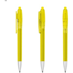 A set of three transparent yellow plastic pens with a click mechanism and silver tips, featuring a branding logo.