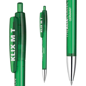 A green plastic pen with a transparent barrel and silver tip; features a clip and has a logo.