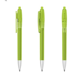 A set of three transparent green plastic pens with silver tips and clips. Each pen has a unique angle.