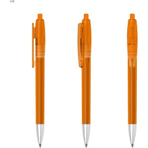 Three transparent orange plastic pens with silver tips and retractable mechanisms, featuring a clip and branding.