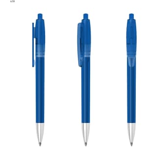 A plastic pen in transparent blue with a silver nib, featuring a clip and a push button mechanism.