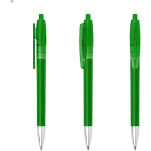 A green plastic pen featuring a clear grip and a silver tip, with branding on the barrel.