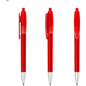 A red plastic pen featuring a transparent cap and clip, with a silver metallic tip. It has a small logo.