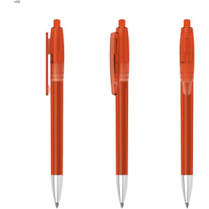Three orange plastic pens with retractable tips, featuring a clip and a silver nib. The pens have a simple design.
