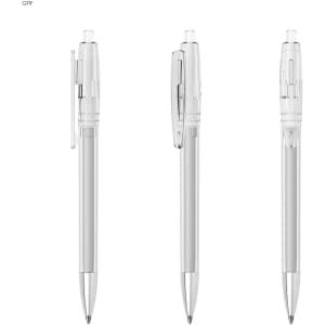 A transparent plastic pen featuring a sleek design and chrome accents, with a clip for easy attachment.