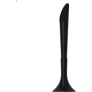A black plastic pen with a sleek design, featuring a rounded tip and a stable base. It has a branding logo.
