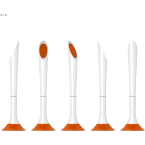 A set of five plastic pens with white bodies and orange accents, featuring unique shapes and a branding logo.