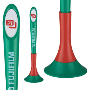 A green and red plastic pen with a rounded tip and a logo. It features a sleek design suitable for writing.