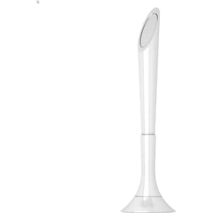 A sleek white pen with a smooth design and a circular grip at the top, featuring a branding logo.