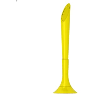 A bright yellow plastic pen with a tapered design and a circular cutout at the top. It features a logo.