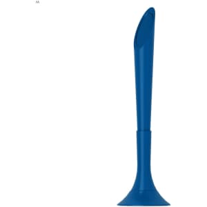A blue plastic pen with a tapered design and a wide base, featuring a logo on its side.