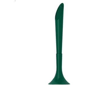 A green plastic pen with a unique design, featuring a round base and an elongated pointed tip.