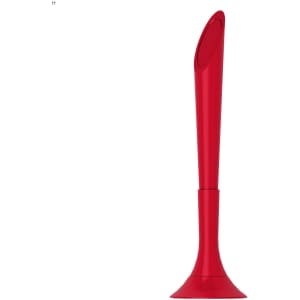 A red plastic pen with a sleek design, featuring a round base and a pointed tip, showcasing a logo.