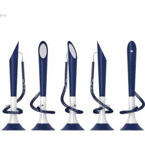 A set of five navy blue and white writing pens with a coiled design, featuring a logo on their surface.