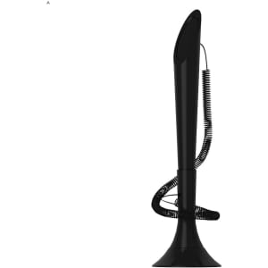 A sleek black promotional pen with a coiled cord. It features a modern design and includes a branding logo.
