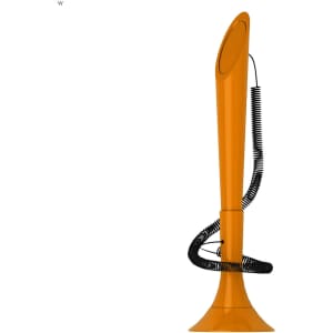 An orange, elongated pen with a spiral black cord attached, featuring a branding logo.