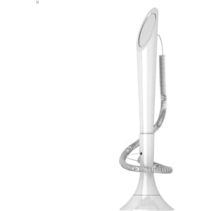A sleek, modern white lamp with a flexible arm and a circular light head, featuring a coiled cable.