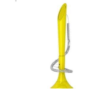 A bright yellow pen with a unique trumpet shape and a coiled silver wire. It features a logo on its surface.