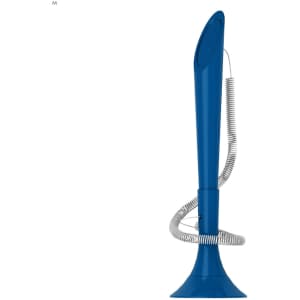 A blue plastic pen with a sleek design and a coiled silver clip attached to its top.