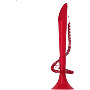 A red memo holder with a long, curved design and a coiled attachment. It features a circular base and a sleek finish.