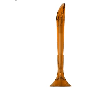 An orange plastic pen with a unique elongated design and a rounded top. It features a logo on the body.
