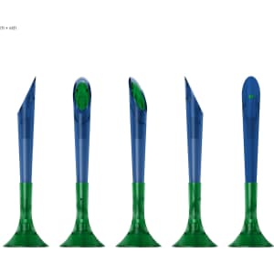 A collection of plastic pens in blue and green, featuring a sleek design and a logo on each pen.