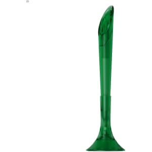 A green plastic pen with a tapered top and wide base, featuring a logo.