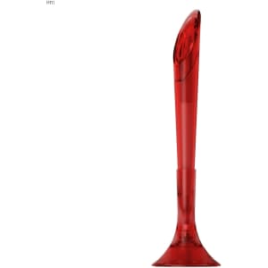 A red plastic pen with a unique design featuring a curved top and a wide base. It has branding on the side.