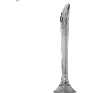 A grey plastic pen with a unique rounded tip and a transparent body. The pen features a branding logo.