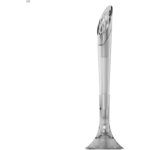 A clear plastic pen with a distinctive curved design, featuring a logo on the side.