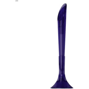 A purple plastic pen with a unique curved design and a branded logo at the rear.