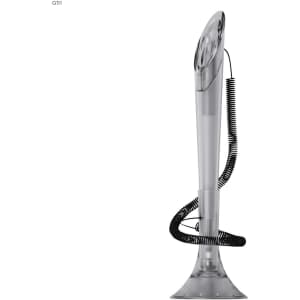 A sleek, transparent plastic pen with a curved top and coiled black cord, featuring a base for stability.