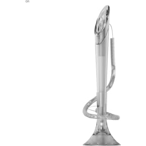 A clear plastic pen with a unique design and coil grip, featuring a round base and a sleek tip, alongside branding.