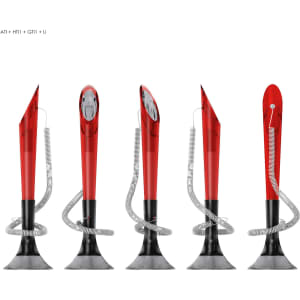 A collection of five sleek, red plastic pens with spiral clips and black bases, each featuring a branding logo.
