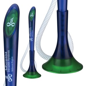 A promotional pen featuring a blue and green design with a coiled cord and a logo.