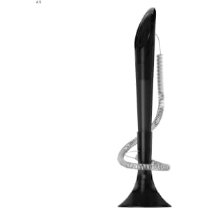 A black promotional writing pen with a long neck and a coiled cord at the base. It features a logo on the surface.