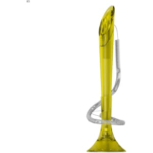 A yellow, translucent pen with a curved top and a coiled silver spring attached to its base. It features a logo.