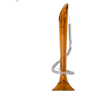 An orange plastic pen with a curved design and a coiled silver spring attached to its base.