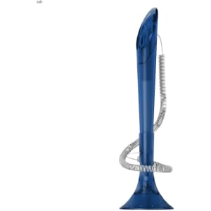 A blue plastic pen with a unique design features a flexible coiled spring attachment. It has a logo on the side.